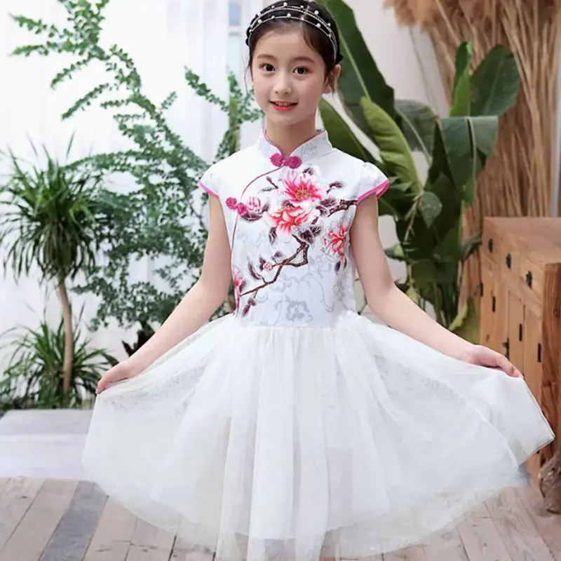 Summer Girls Hanfu Dress Kids Clothes Children Daily Party Traditional Chinese Tang Suit Floral Cheongsam Tulle Dresses