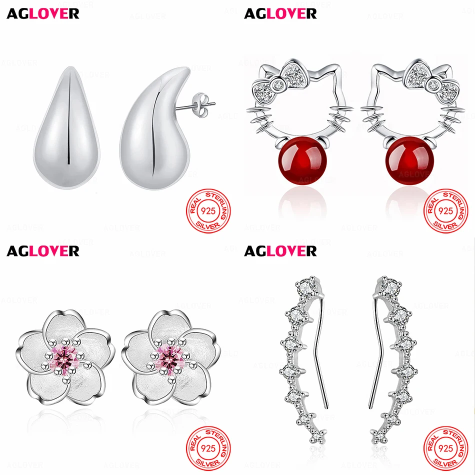 

AGLOVER 925 Sterling Silver Flower Pink Zircon Earrings Women Charm Fashion Engagement Holiday Gift Jewelry