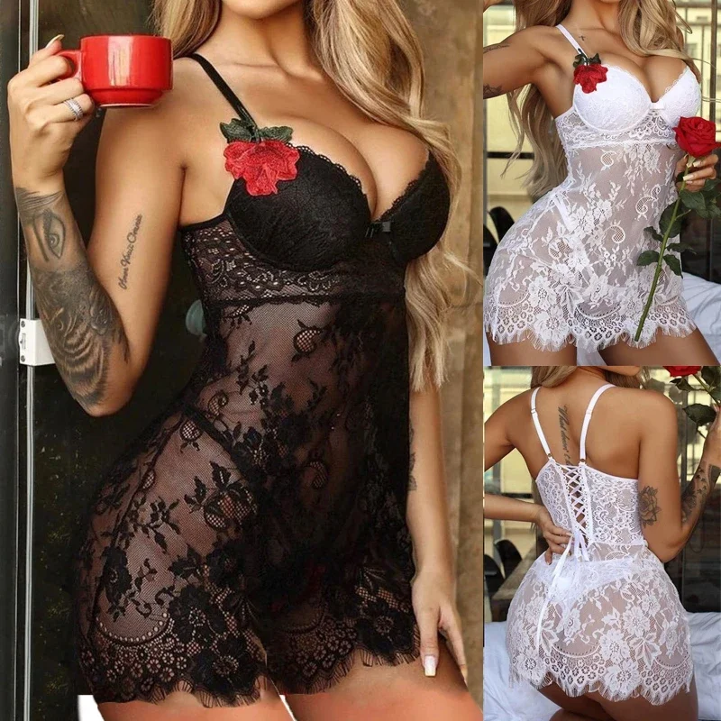 Nieuw model 2024 sexy lingerie set mesh donker patroon dames nachthemd rugband verstelbare elastische sexy ondergoed tweedelige set