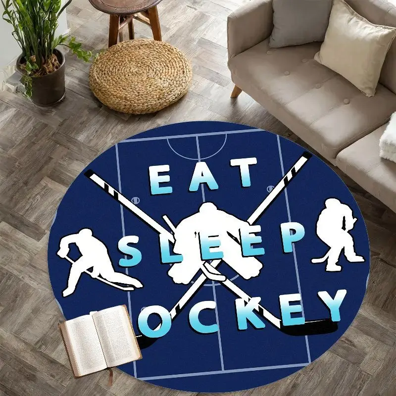 Eat Sleep Hockey Round Rug Flannel Sports Fan Gift Ice Rink Silhouette Stick Puck Design Boys Room Man Cave Floor Mat Durable