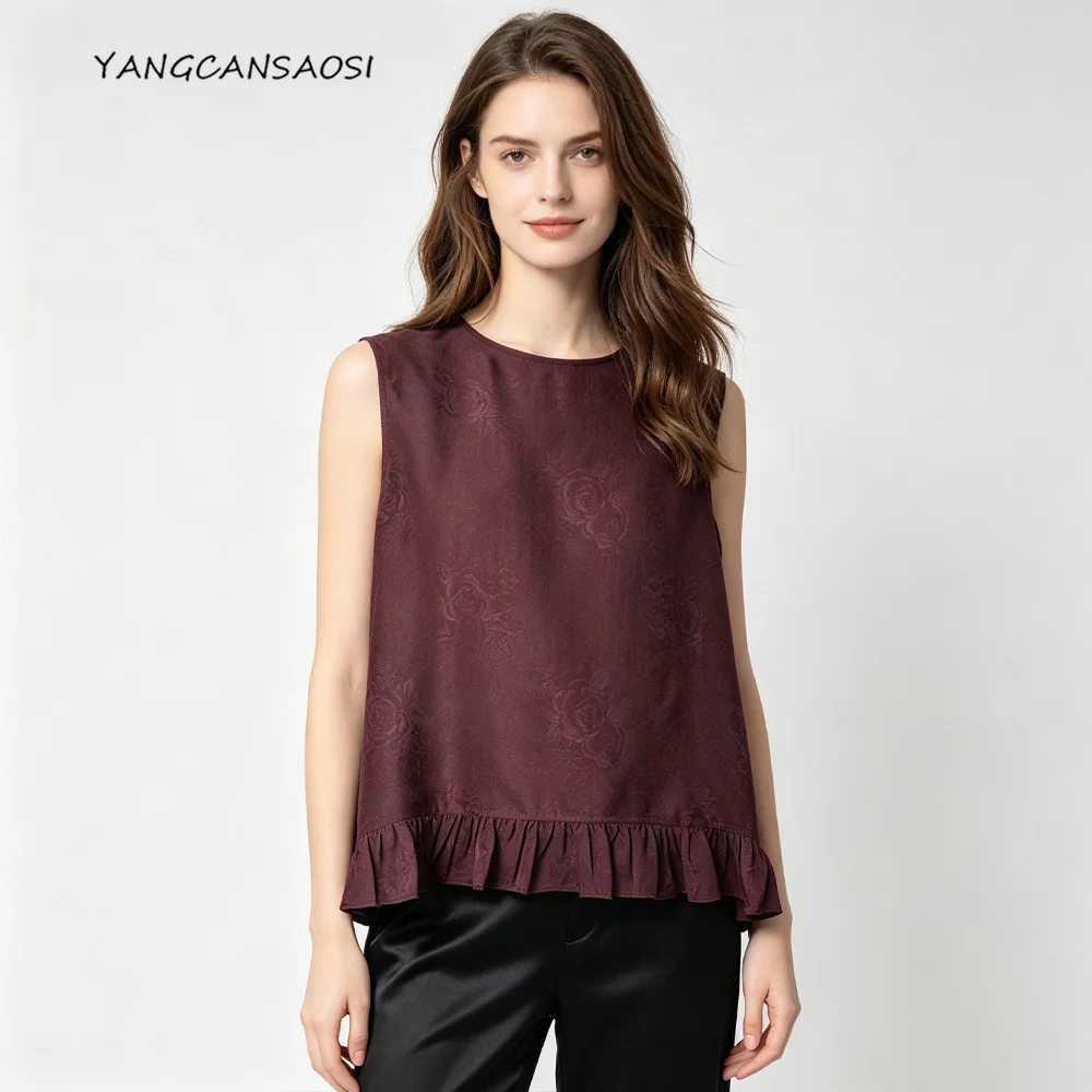 Women's Casual Summer New Purple Rose Moire Pattern 100% Natural Mulberry Silk Jacquard Satin Round Neck Ruffle Edge Tank Top