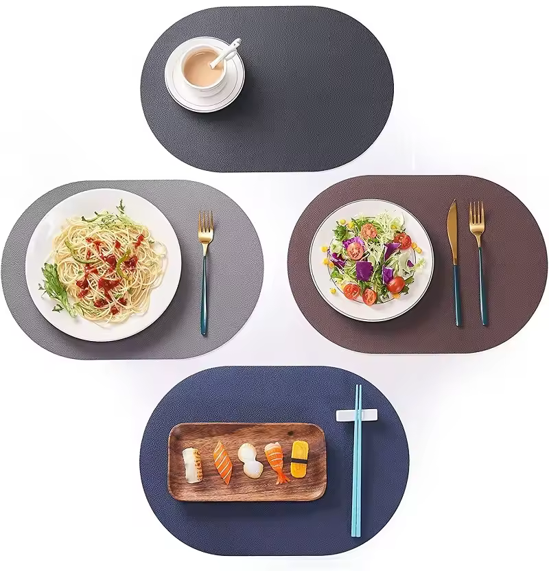 1/4/6PCS Oval Placemat Sets Double-Sided Faux Leather Design Dining Table Mats Waterproof Non-Slip Kitchen Table Placemat Grey