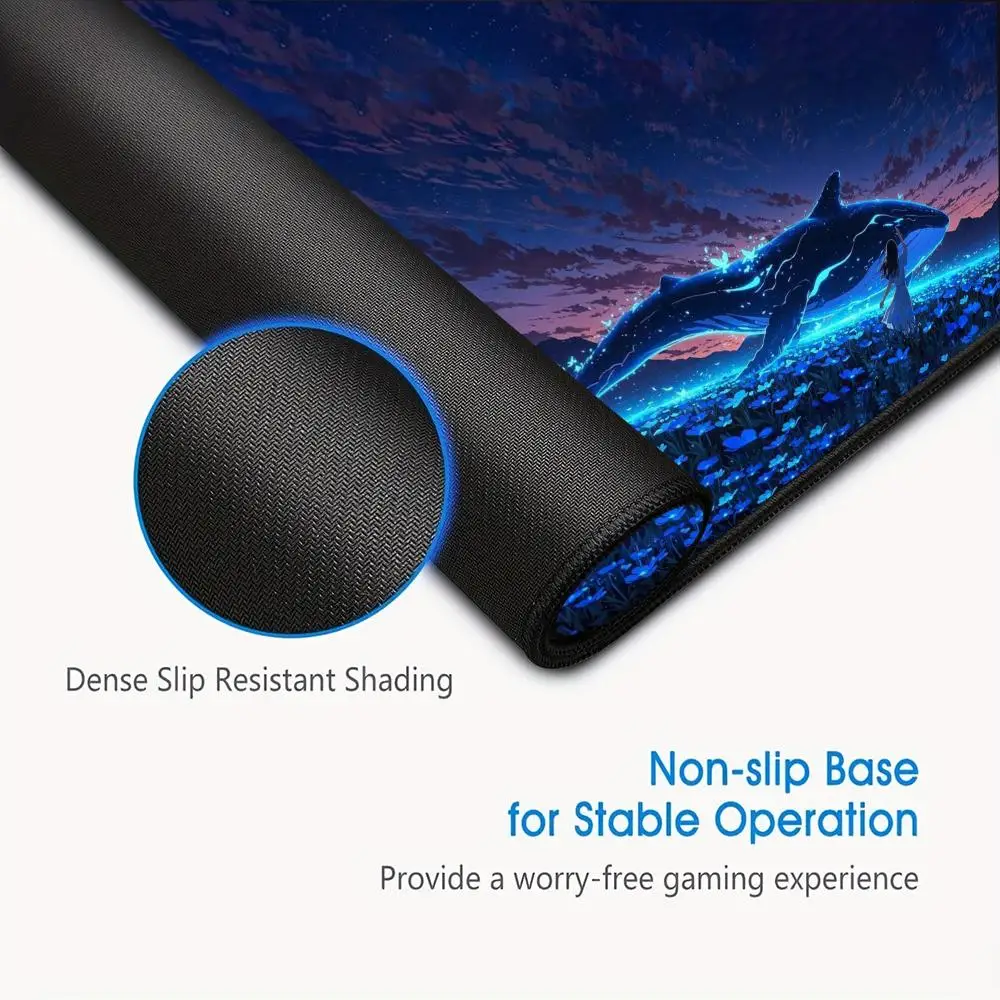 Tappetino per mouse Fantasy Neon Whale & Girl, tappetino da scrivania con fiori blu incantati per gli appassionati di anime