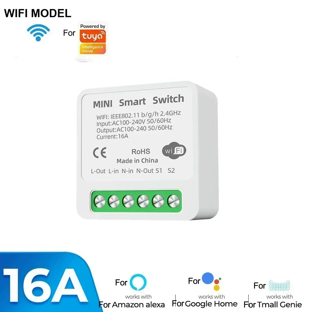 16A WiFi Mini Smart Switch 2-Way Relay With Timer Function Switch For Alexa For Tuya Smart-Life App For Lights Fans Routers