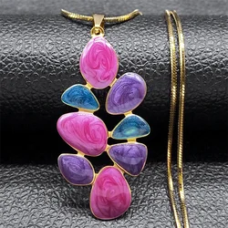 Colorful Enamel Leaf Long Pendant Necklace Women Stainless Steel Gold Color Contrasting Flowers Necklaces Jewelry Gift NZZZ378