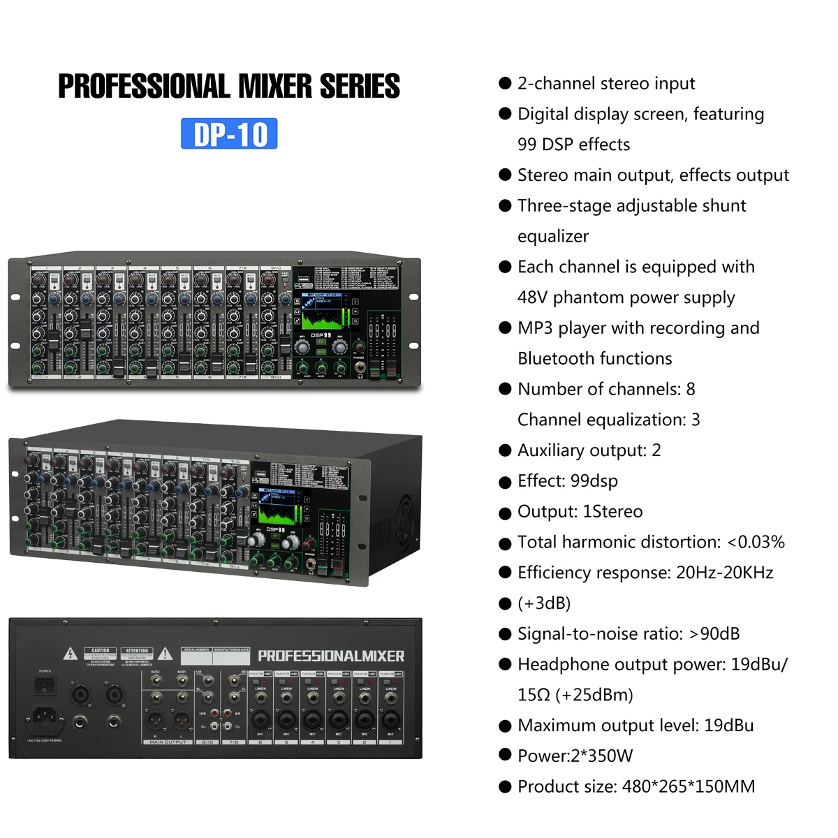 FSWIRI Sound Professional 10-Channel Mixer Amplifier Integrated Machine Frame Embedded Effect Model Audio System 350W *2