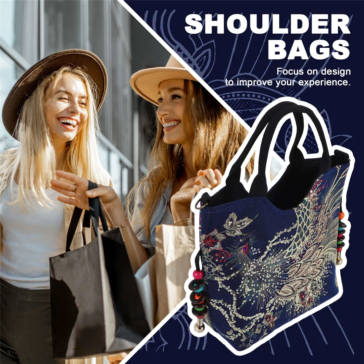 ABQR блестящая вышитая блестками женская парусиновая большая сумка для покупок сумка через плечо ретро сумка-тоут с бисером синяя