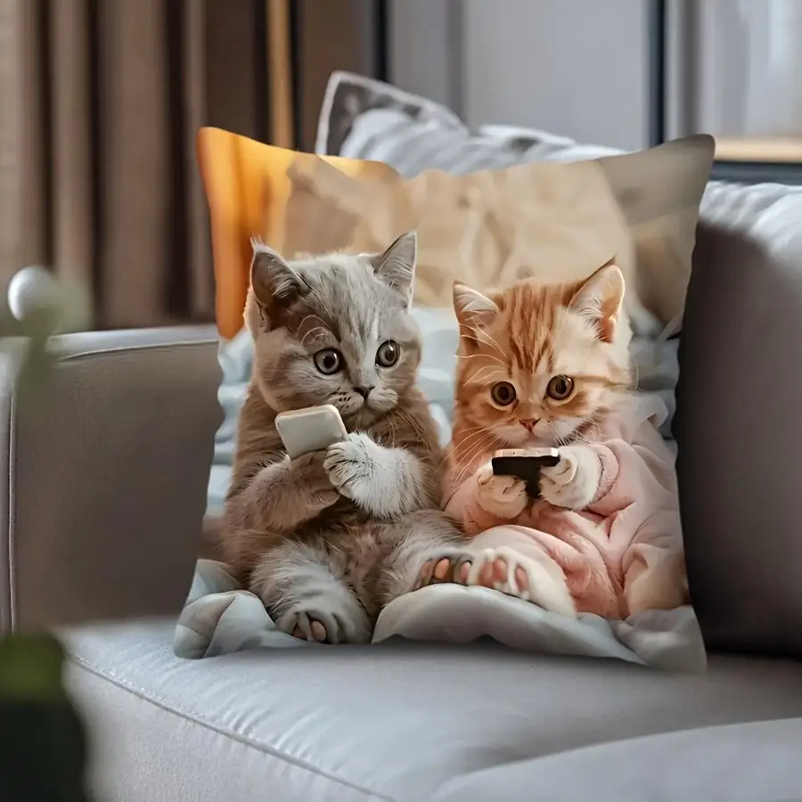 Cute Cartoon Cat Cushion Pillow Cover Simple Printed Throw Cushion Case Creative Home Sofa Decor Gift for Cat Lovers