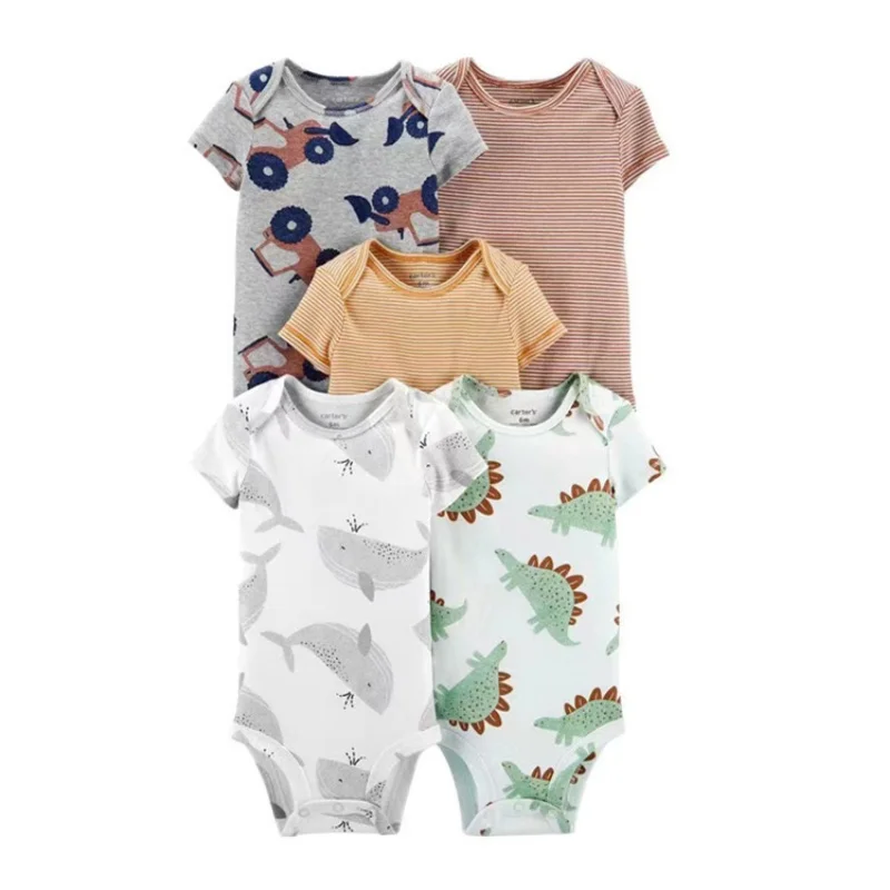 New Cartoon Baby Boys Girl Bodysuits 5Pcs Short Sleeve Stripe 100% Cotton Baby Clothes Newborn Body Bebe Jumpsuit Clothing 6-24M