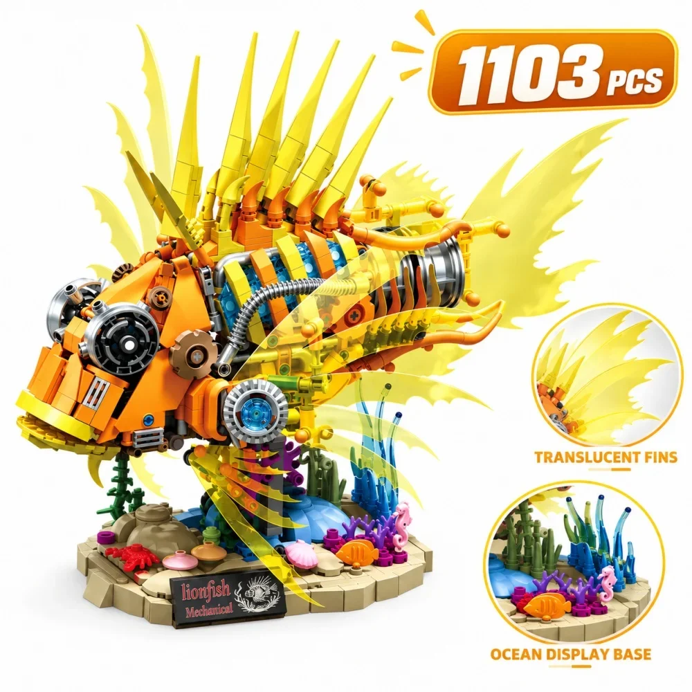 Creative Mechanical Lionfish Building Blocks Set DIY Tabletop Model Decoration Marine Life Animal Bricks Toys Birthday Gifts Kid