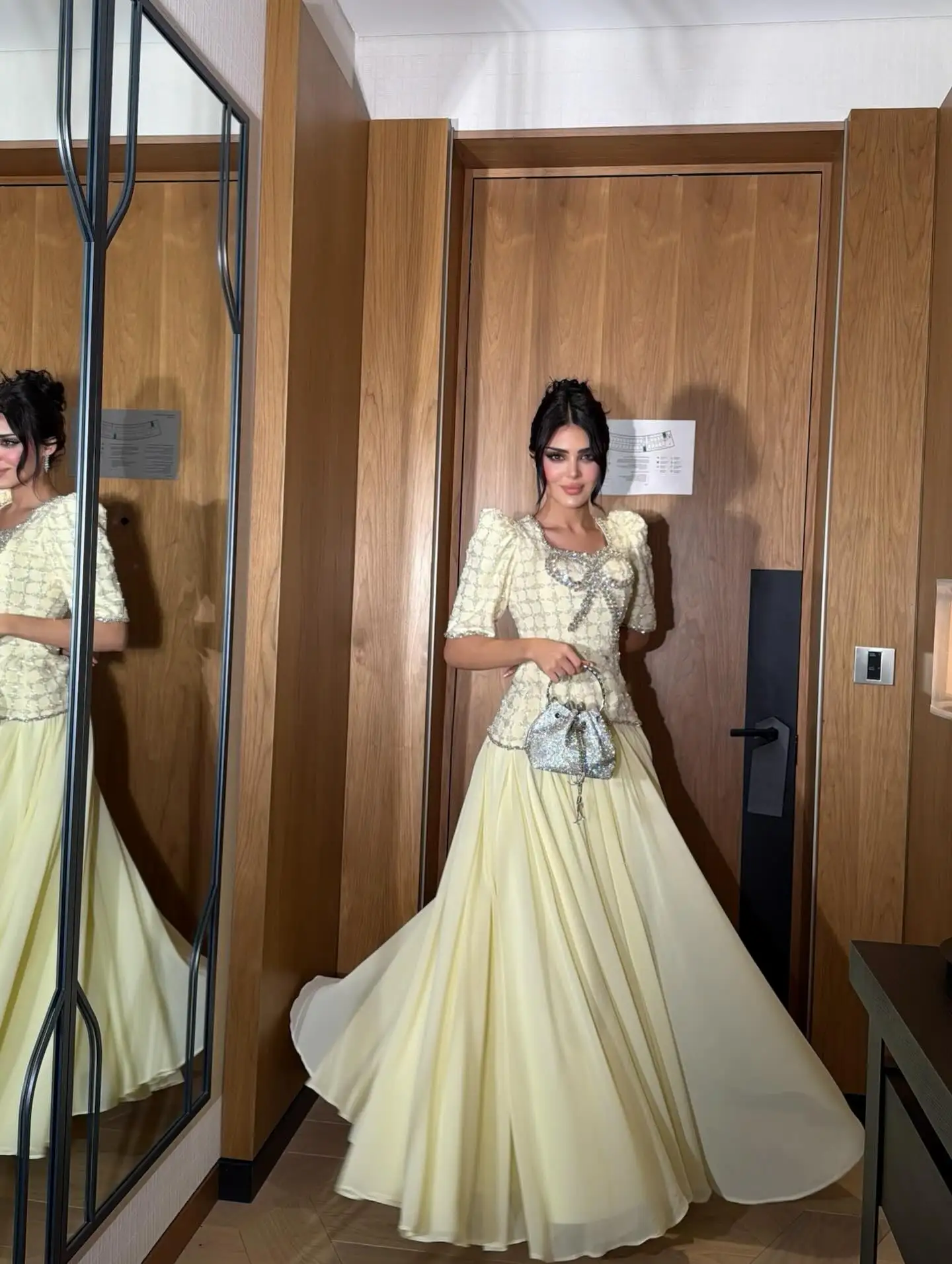 Aunber Yellow A-Line Square Neck Sequined Prom Gown with Bow Detail
