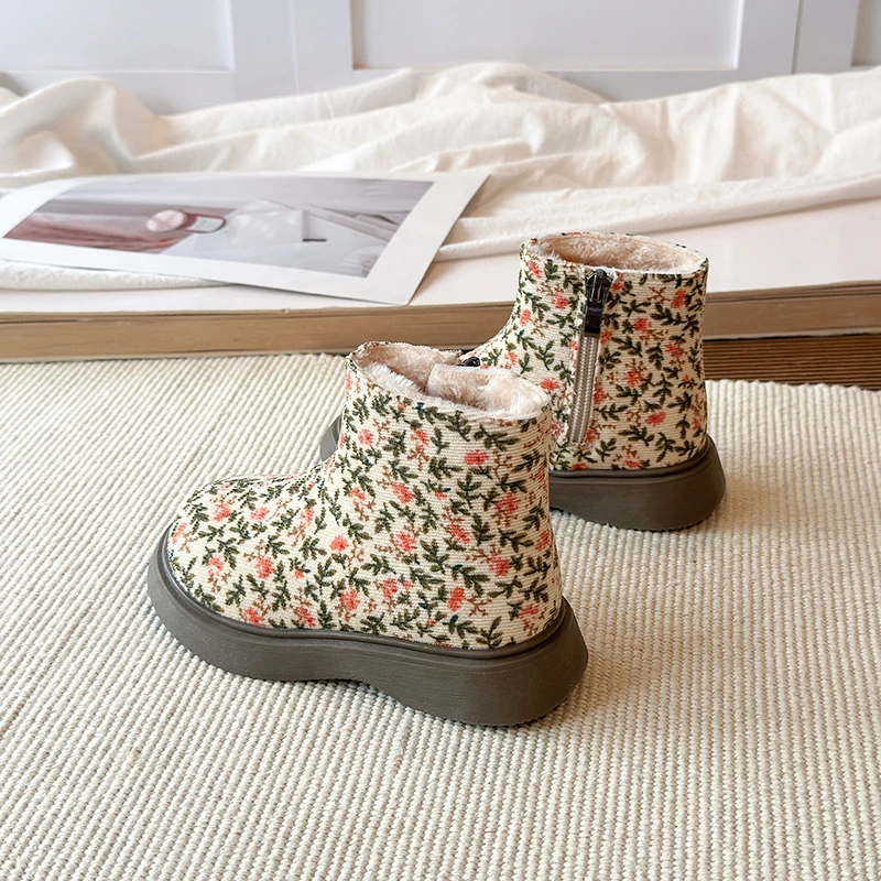 Winterstiefel für kleine Mädchen, mit Blumenmuster, aus Cord, mit weichem Innenfutter, Reißverschluss, klobiger, dicker Sohle, warme, bequeme Freizeitstiefel. – Detail 4