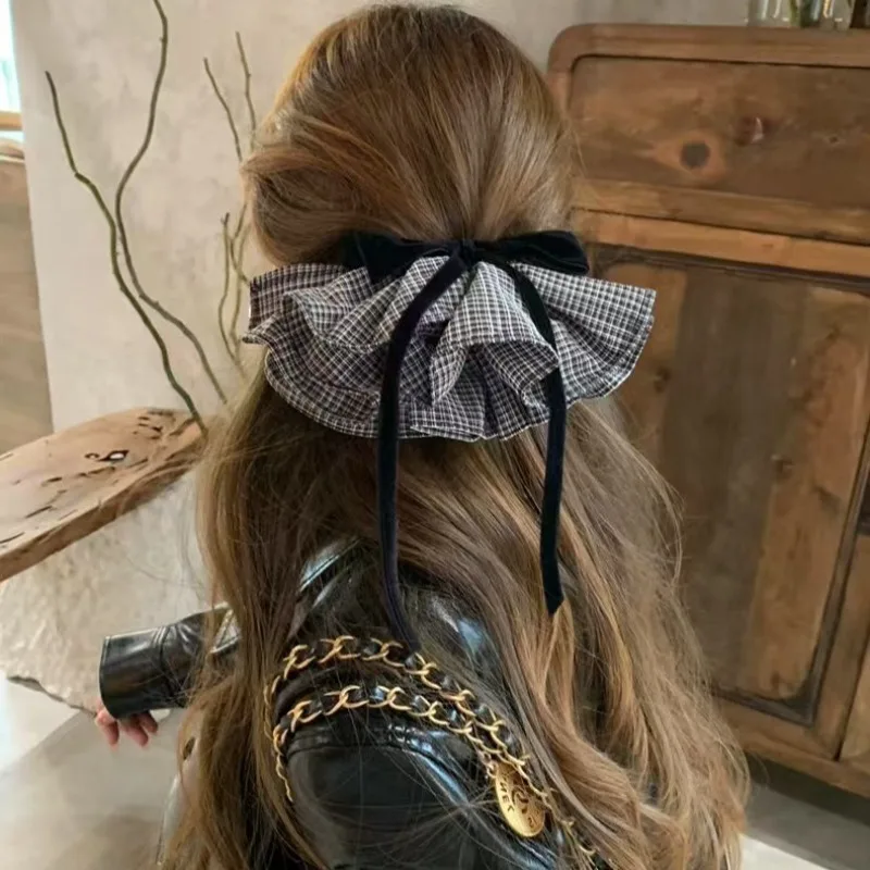 

Korean Double-sided Flocked Hair Clip 2026 New Plaid Bow Spring Snap Clip Elegant DressHem Design Hair Accessories for Women