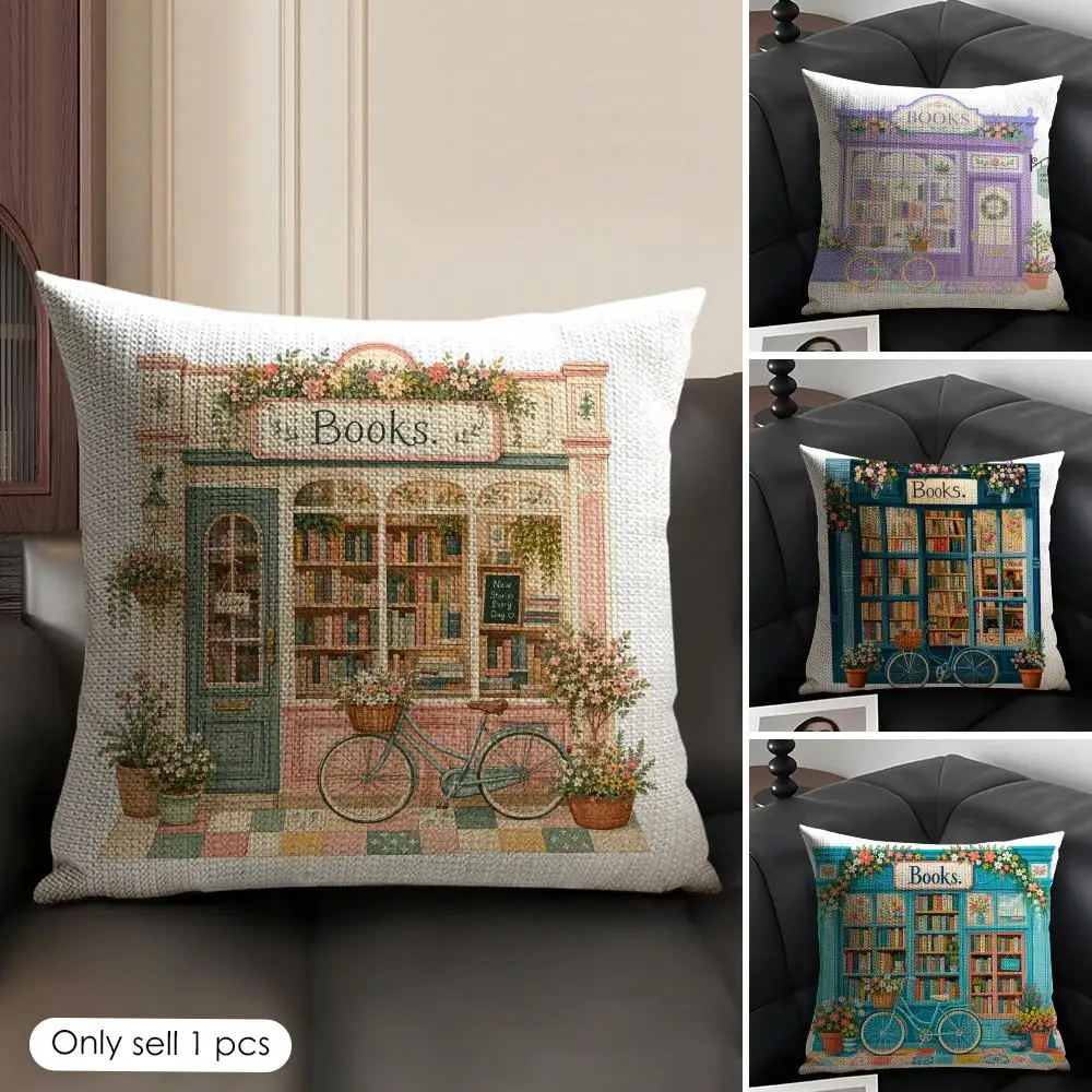 Bookstore Bicycle Floral Cushion Cover Linen Organic Fabric Double-Sided Printing Sofa Breathable Home Decor Gift Pillow Case