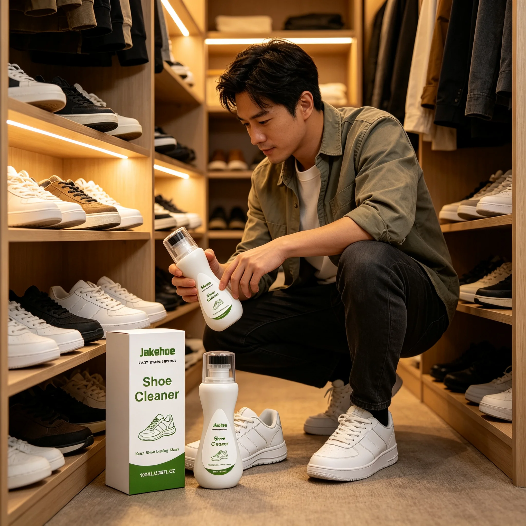 Jakehoe Shoe Cleaner with Built-In Brush Fast Stain Removal No-Rinse Dry Cleaning Formula for White Shoes Sneaker Cleaner 100ml