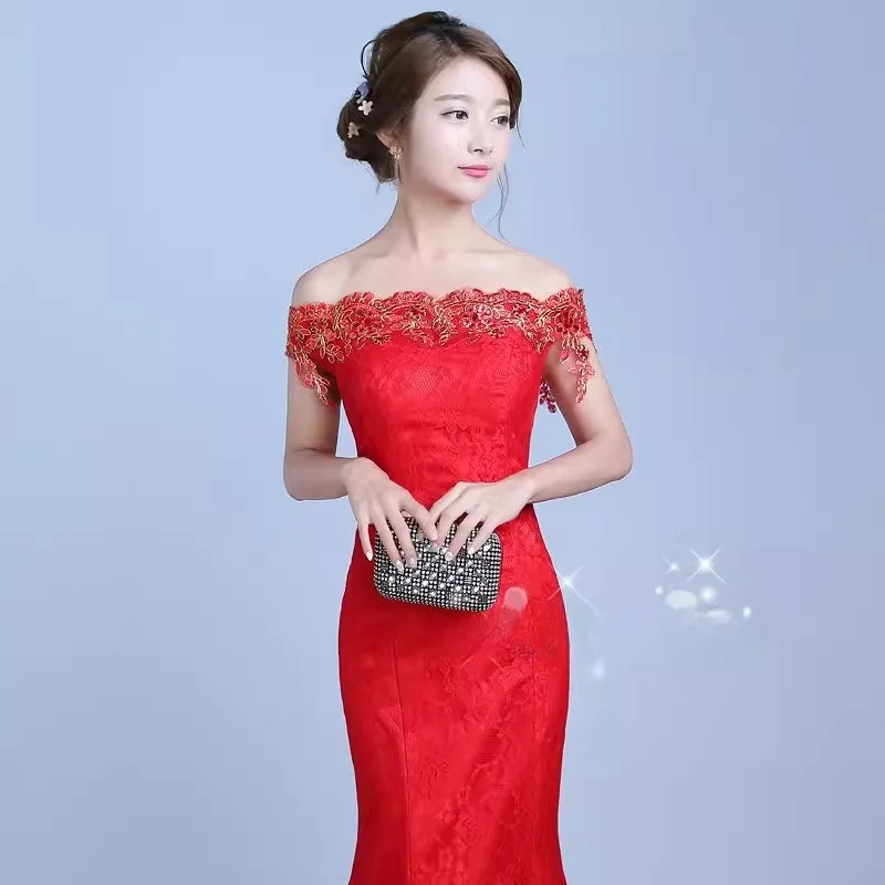 It's yiya Red Wedding Dresses Cheap Simple Lace Appliques Off the Shoulder tromba Mermaid Trailing Plus size abiti da sposa XN085