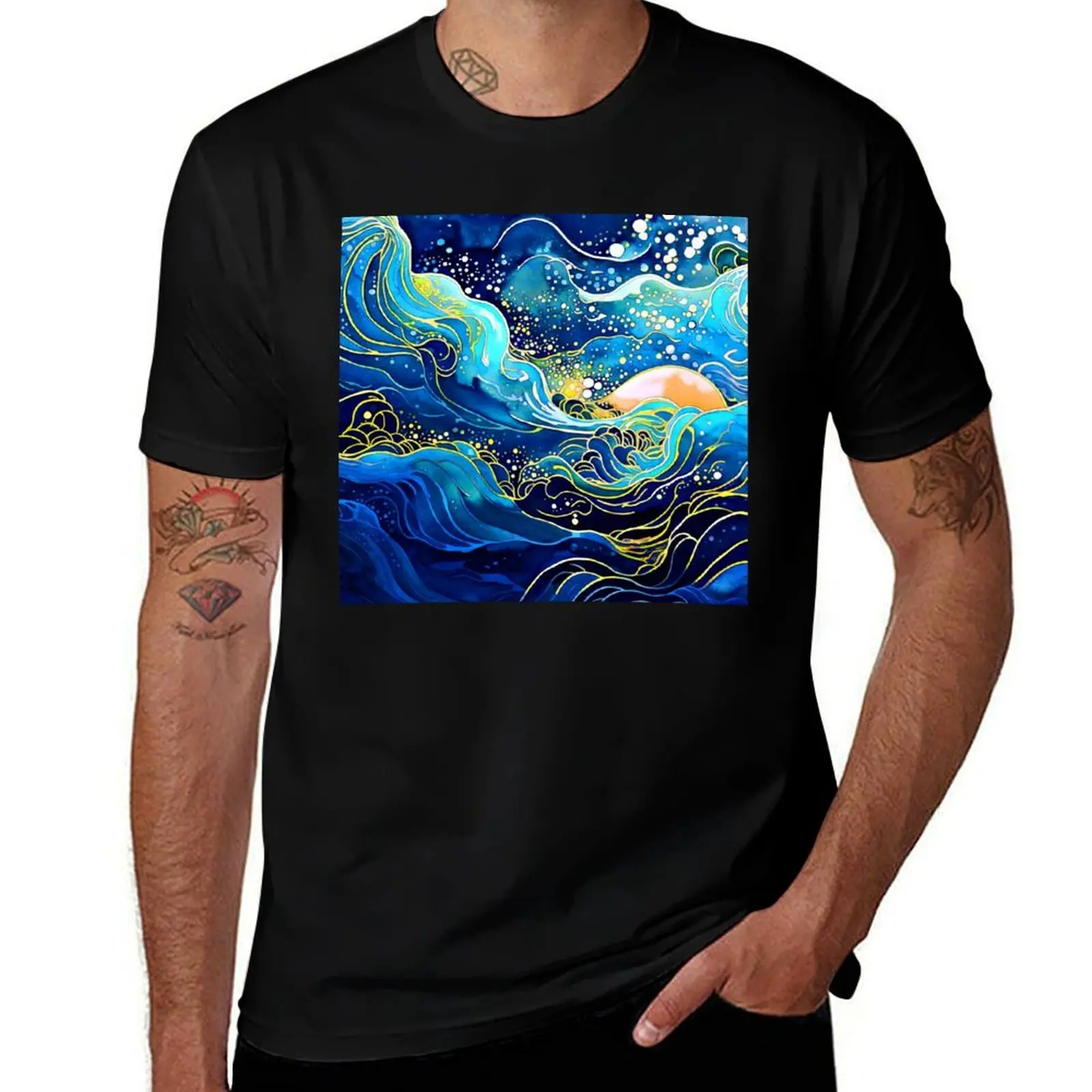 

Asian-Inspired Blue Ocean Waves Abstract Design Art T-Shirt croswit shirt man shirts graphic tees topping mens tall t shirts