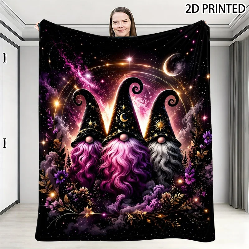 Whimsical Celestial Gnome Halloween Throw Blanket, Starry Night Sky & Purple Nebula Print with Glowing Floral Accents, Multiple
