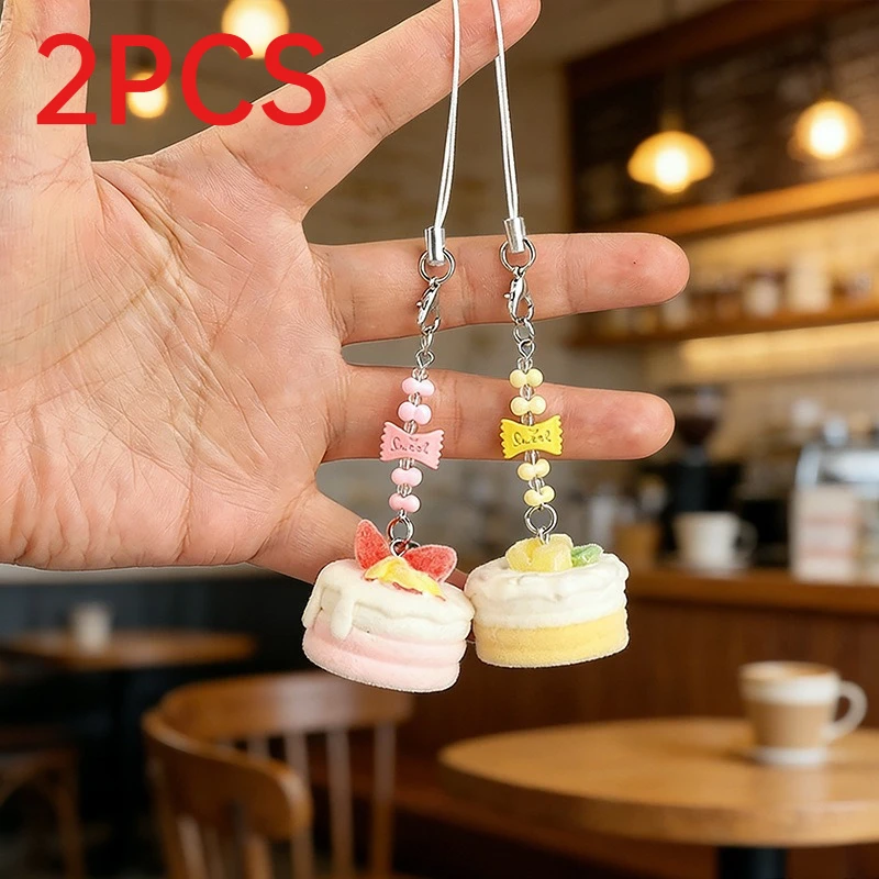 2Pcs Flocked Resin Simulation Cake 3D Charms Phone Strap Cute Cartoon Student Keychain Pendants Accessories