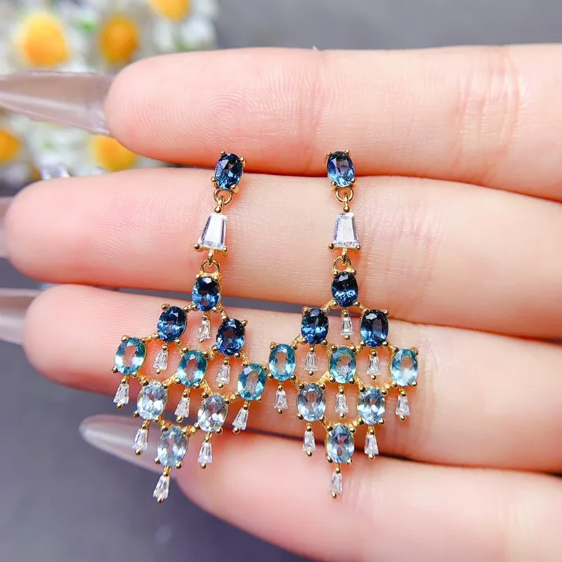 Flower Design Natural Sky Blue Topaz Gemstone Earrings for Bridal 925 Sterling Silver Wedding Jewelry