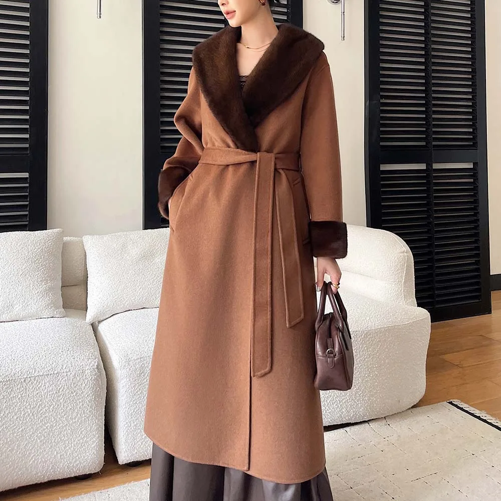 

2025 осенне-зимнее шерстяное пальто, женская куртка из натурального норкового меха, женское длинное теплое пальто с воротником из натурального норкового меха, шерстяное пальто