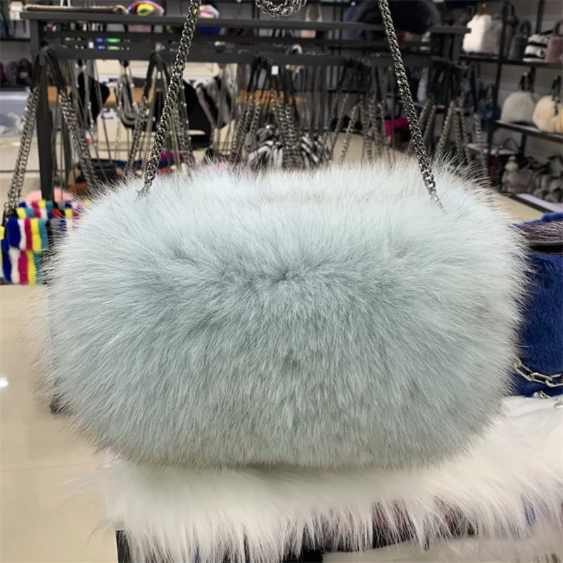 Autumnwinter Women's Fur Bag Luxury Fox Fur Metal Chain Crossbody Shoulder Bag Mini Plush Fox Fur Phone Bag