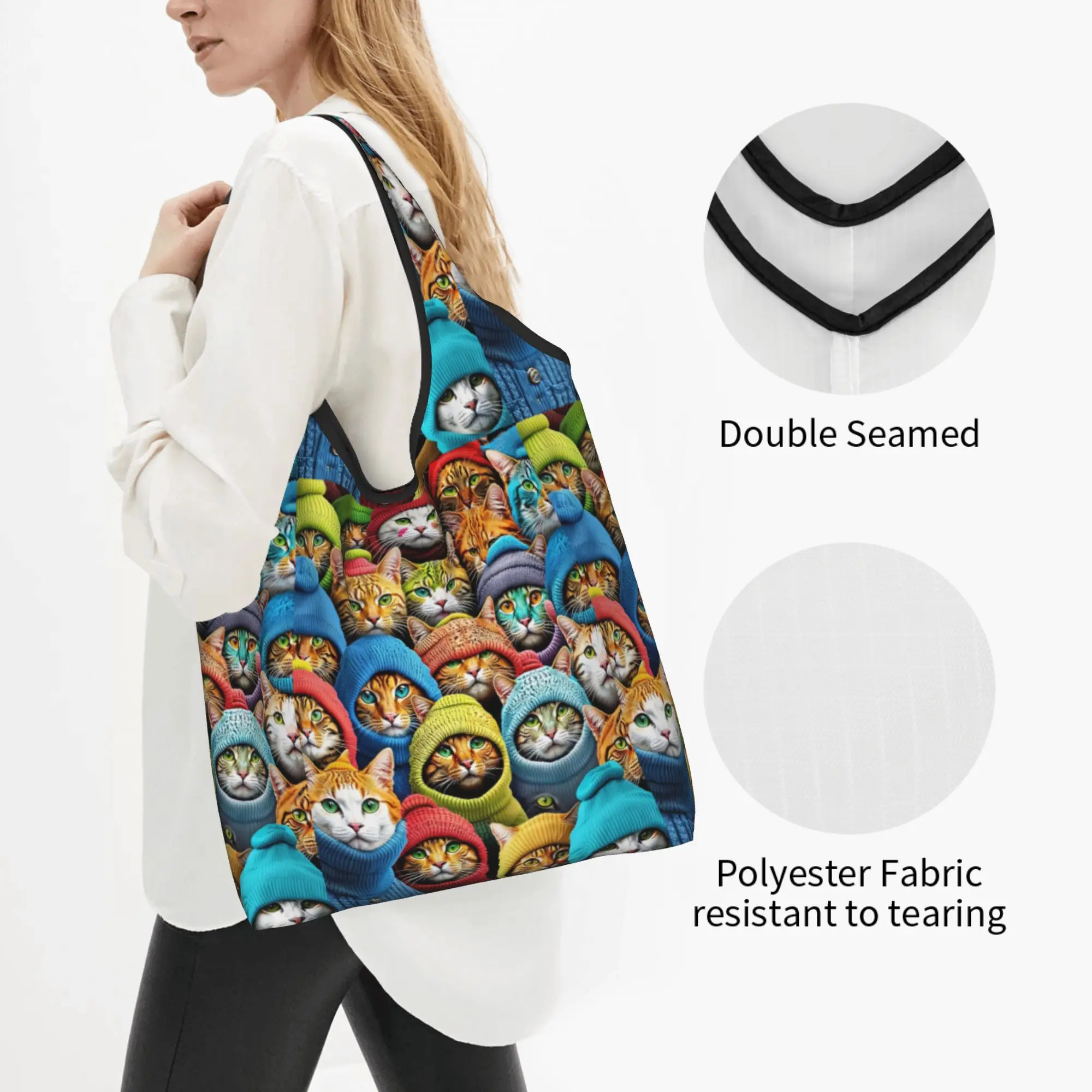 Fashion Funny Colourful Creative Cat Printed  Shopping Tote Bag Portable  Groceries Shoulder Shopper Bag