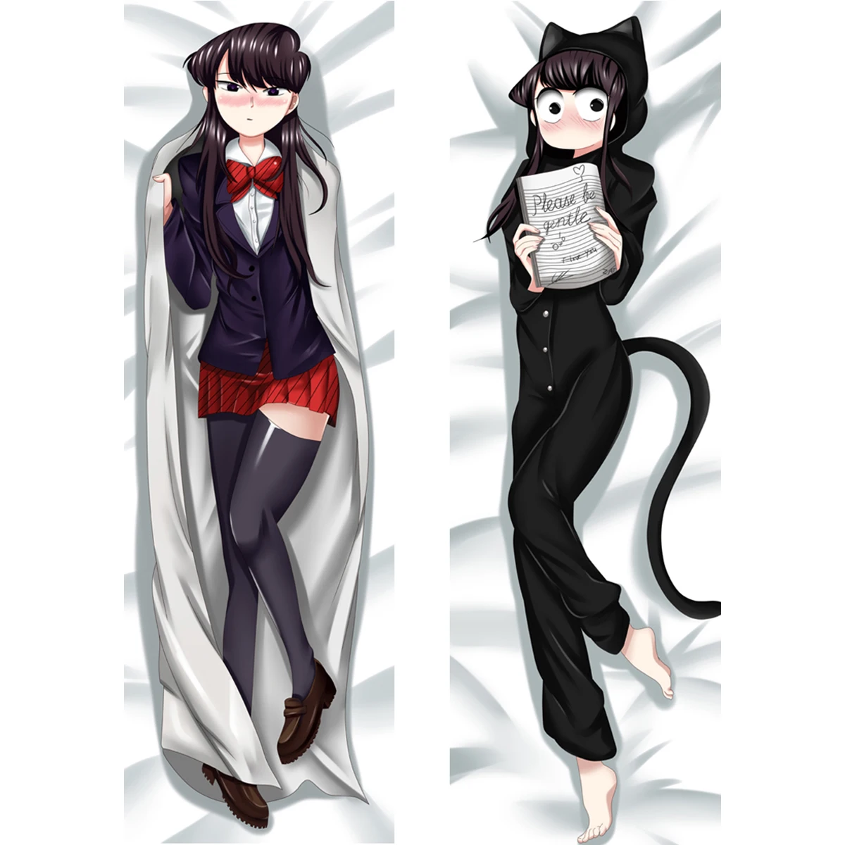 Anime Black Long Hair Shy Girl School Uniform Red Bow Cat Onesie Dakimakura Pillowcase Double Sided Long Body Pillow Cover