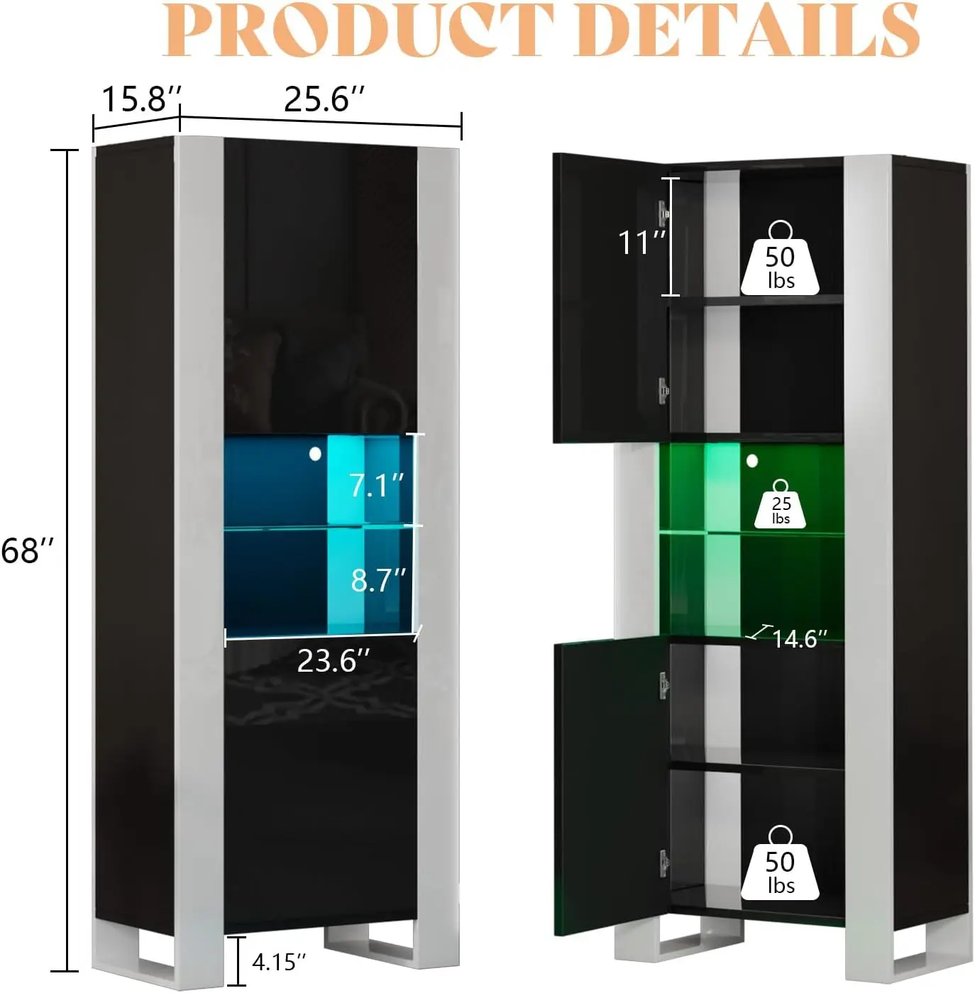 Amerlife Modern Set Of 2 Bookcase, Led 68In Storage Cabinet With 6 Tiers For Storage & 3 Adjustable Shelves, High Glossy