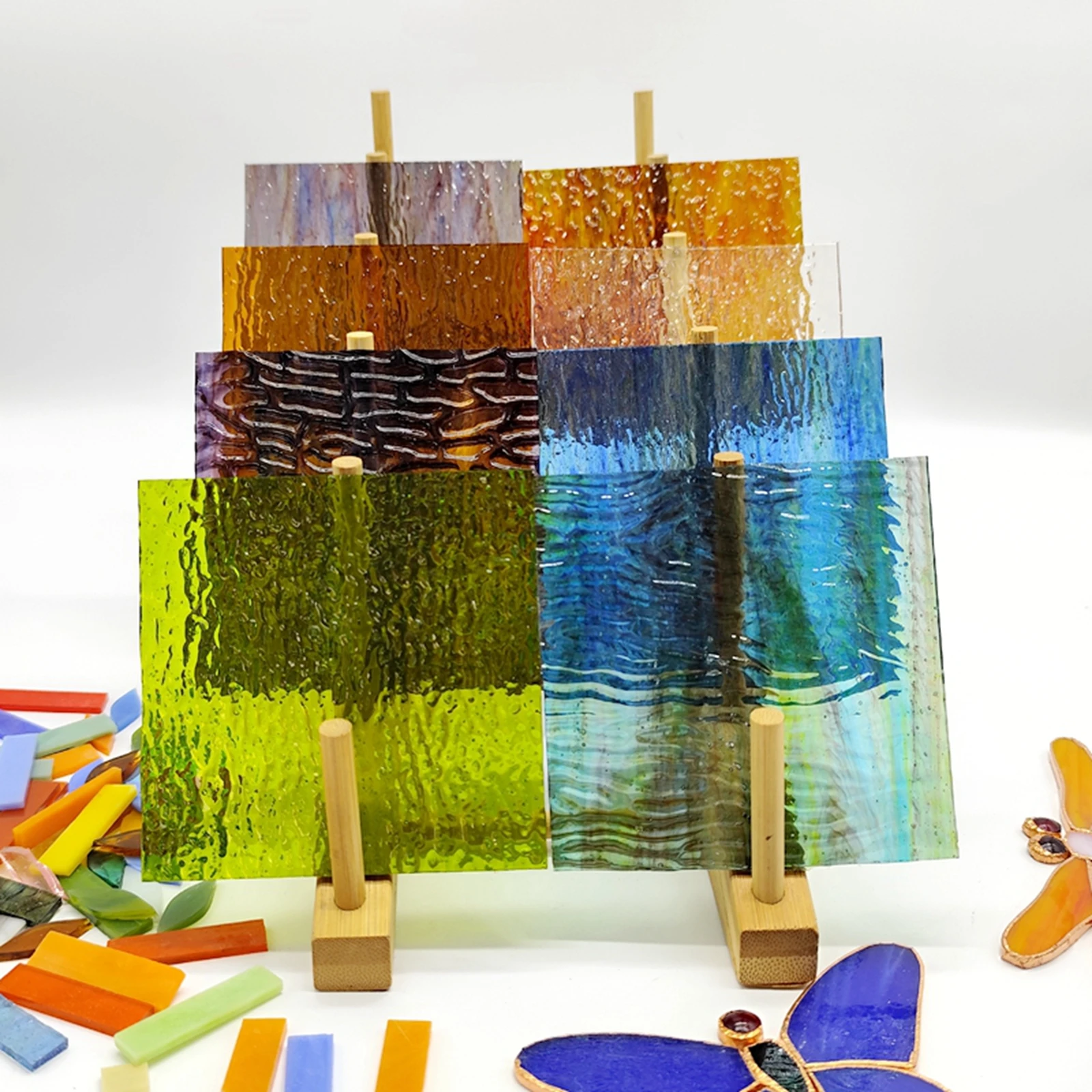 

8pcs 4X4in stained glass sheets DIY mosaic tile lampshade handicraft material transparent glass Blue brown color