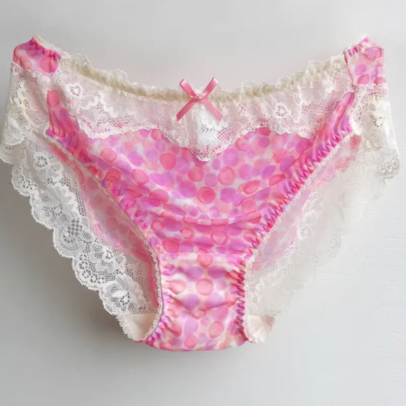 Women Bow Print Sexy Lace Mid Waist Seamless Underwear Stretch See-through Wrap Buttocks Soft Knickers LGBQ Party Costumes
