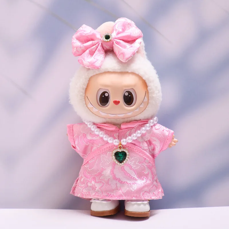 

Plush Charm Doll Outfit For 1st-3rd Gen LABUBU 15/17cm Yellow-Pink Qipao Pearl /Gemstone Necklace Set Neo-Chinese Style