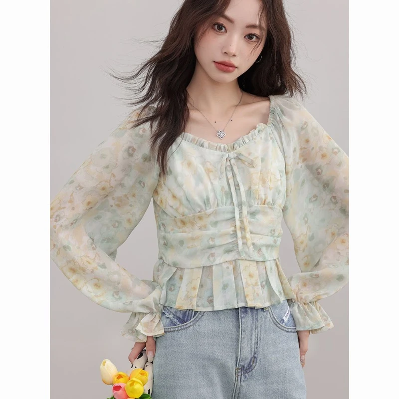 Floral Retro Bubble Sleeve Short Top Mint Mambo Romantic and Sweet One Cut Square Neck Design French Chiffon Shirt