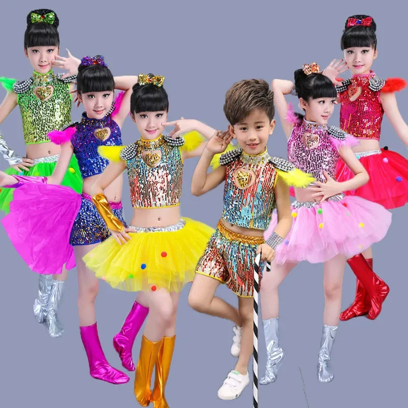 

Children's jazz dance costume sequins boys and girls modern dance clothing children's jazz dance skirt