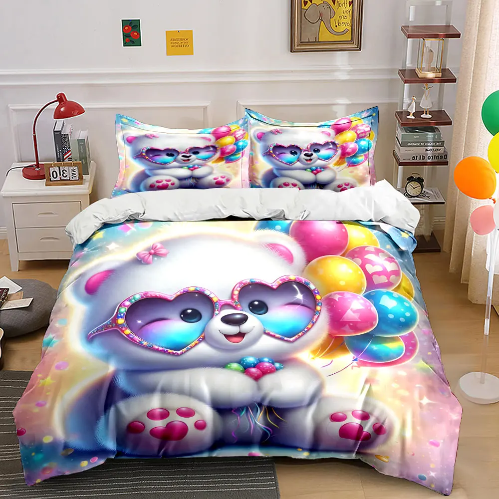 Bear with heart glasses and balloons Print Soft Comfortable Duvet Cover Bedding Set Included 1*Duvet Cover 2*Pillowcases