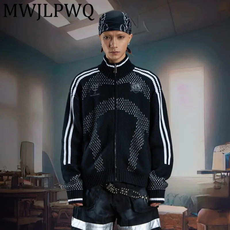 

MWJLPWQ Men's Sports Style Double-Woven Color-Block Sweater High Street Stand Collar Zipper Cardigan Knitted Tops Autumn 11925