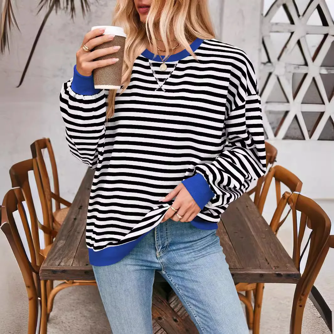 Women\'s 2024 Autumn Winter Loose Casual Striped Sweater Women\'s Long Sleeve Contrast Color Lantern Sleeve Thick Striped Top