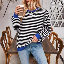 Women's 2024 Autumn Winter Loose Casual Striped Sweater Women's Long Sleeve Contrast Color Lantern Sleeve Thick Striped Top