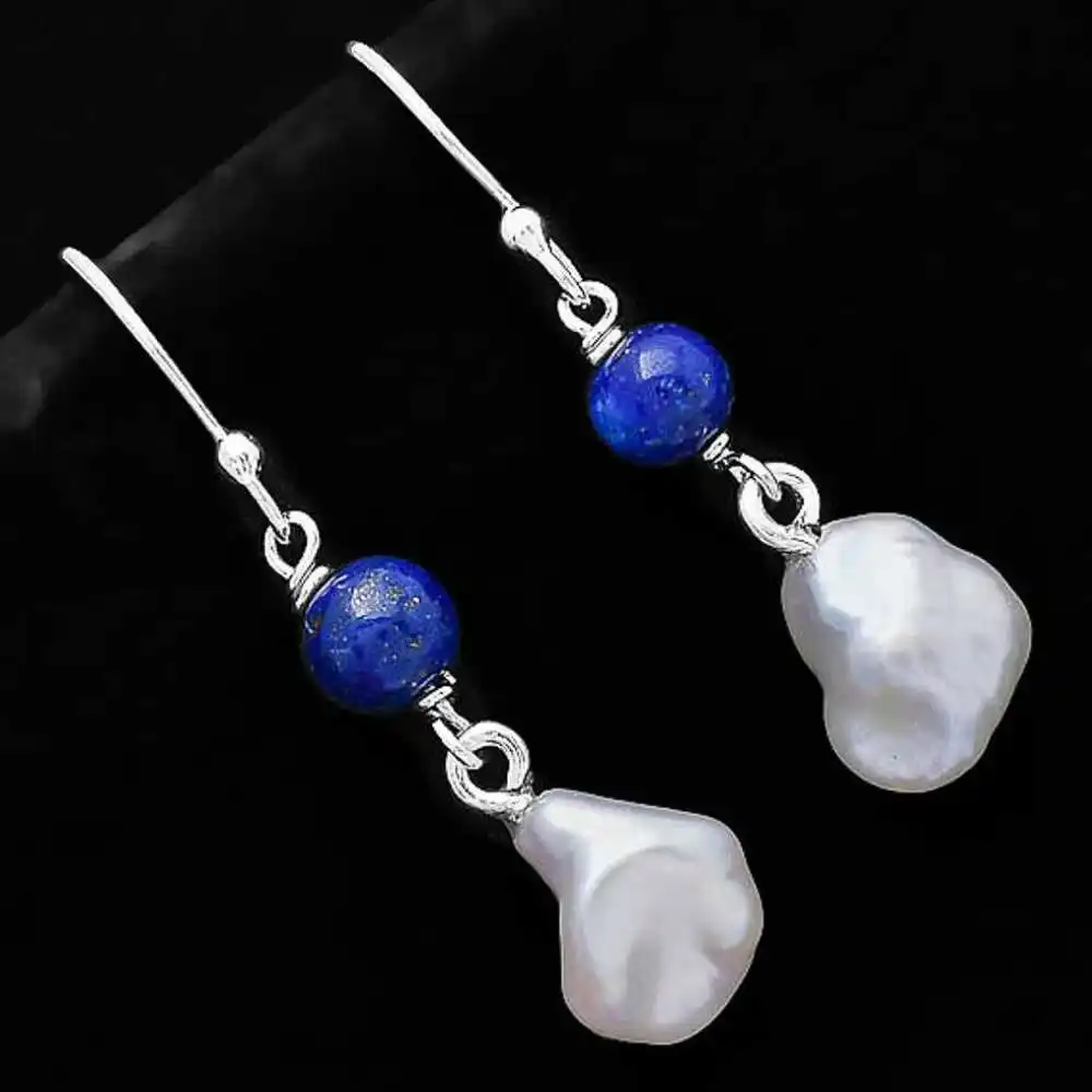 

White Baroque pearl pendant Lapis Lazuli 925 silver earrings