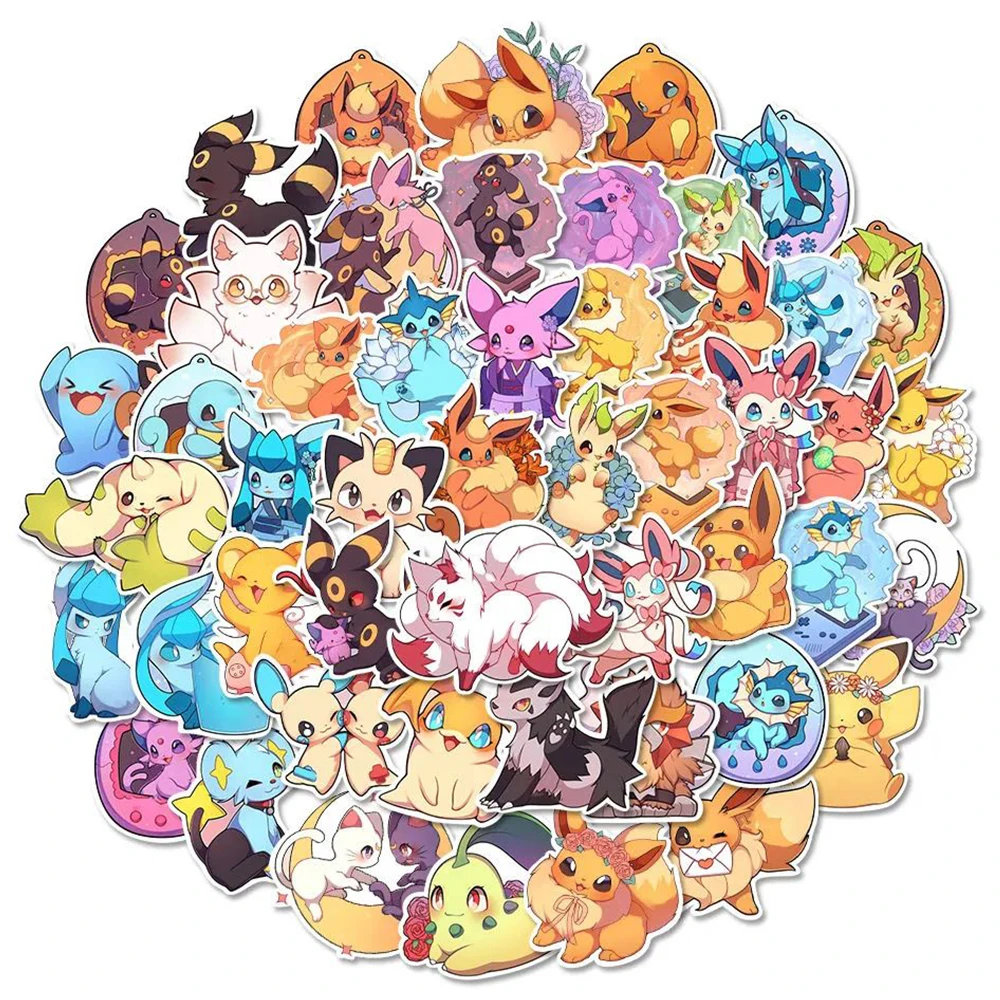 10/30/50/100 Uds. Pegatinas Kawaii de Pokemon Eevee, pegatinas bonitas de Anime Pikachu, pegatinas impermeables para decoración de portátiles, teléfonos y papelería