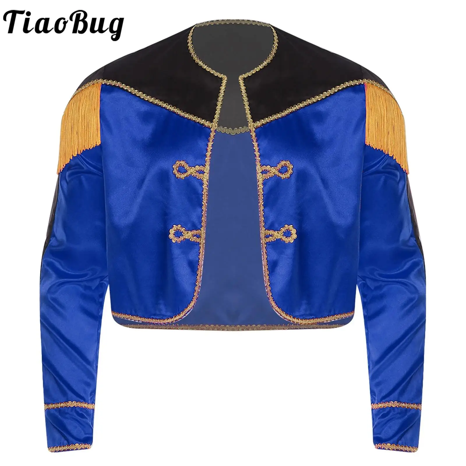 

Men Matador Cosplay Costume Circus Show Christmas Clothes Long Sleeve Open Front Coat Gold Braid Trim Color Block Tassels Jacket
