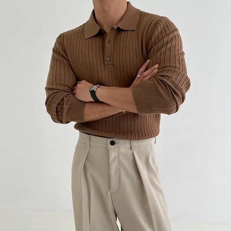 

Retro Pure Color Knit irt Men's Casual Korean Version Textured Briti Light Maturi irt Sweater Base irt