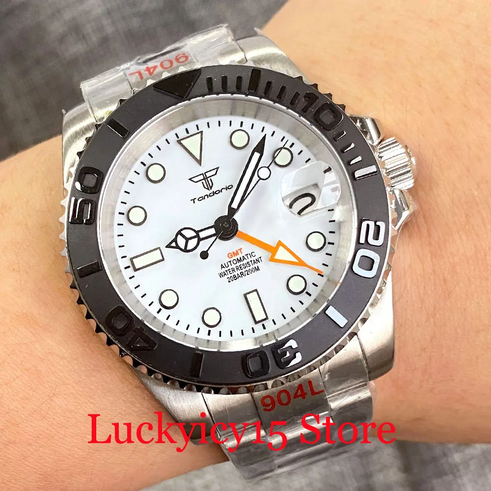 Tandorio 200m Waterproof White Dial Luminous Marks 40MM NH34A Automatic GMT Mechanical Men Watch Steel Brushed Jubilee Bracelet