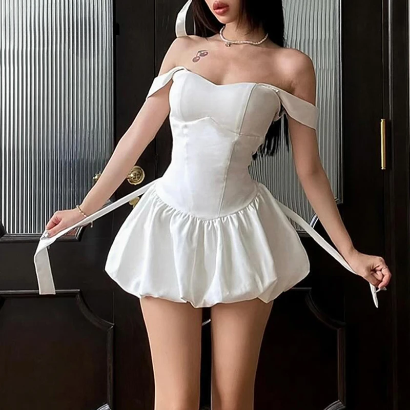 

Fashion Chic Satin Party Dress Mini White Bud Spaghetti Strap Corset Sexy Summer Dresses Women Tie-Up Bow Sundress