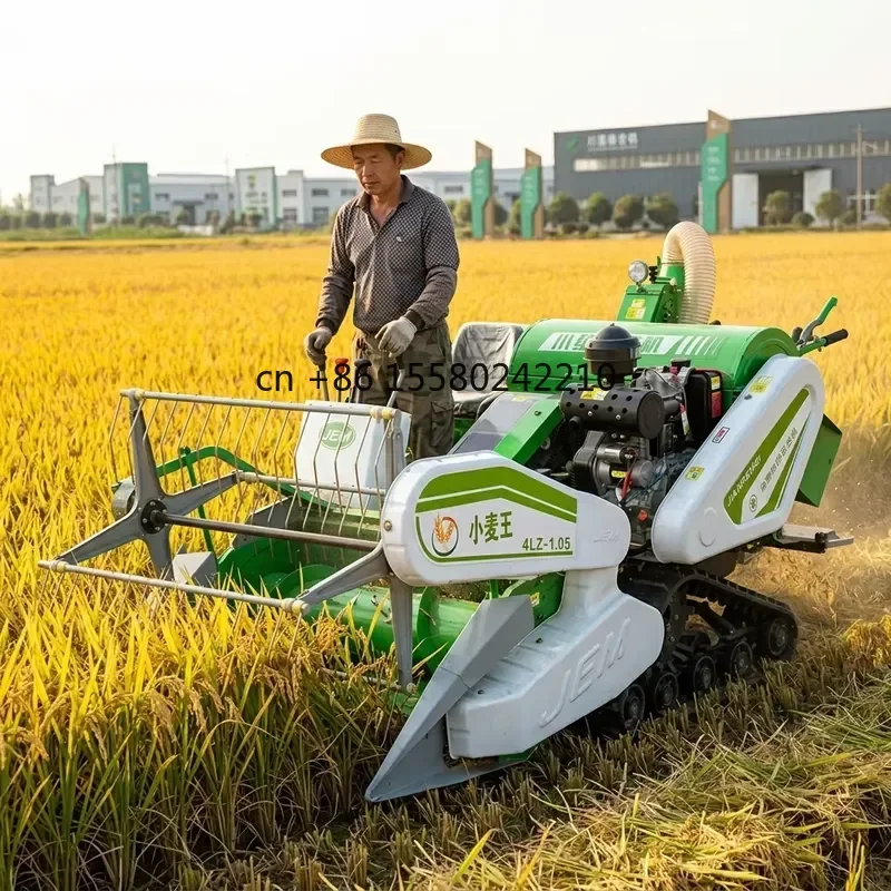 25HP Mini Combine Harvester for Rice Wheat Harvesting, Ride-on Rubber Tracked Small Farm Machinery