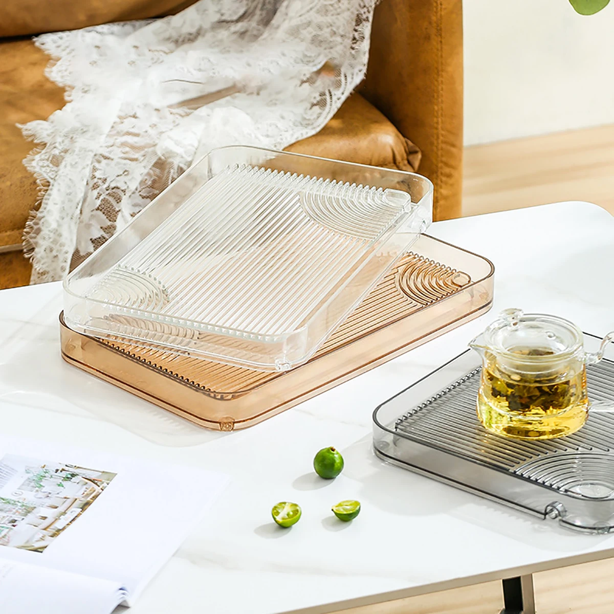 Creative Luxury Camping Picnic Transparent Tea Plate Rectangular Fruit Water Cup Multi Purpose Drag Tray Living Room Drain Tray