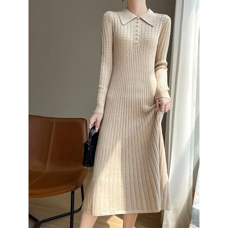 Autumn And Winter New POLO Collar Mid Length Knitted Dress Women's Pullover Slim Fit Temperament Twisted Flower Long Skirt