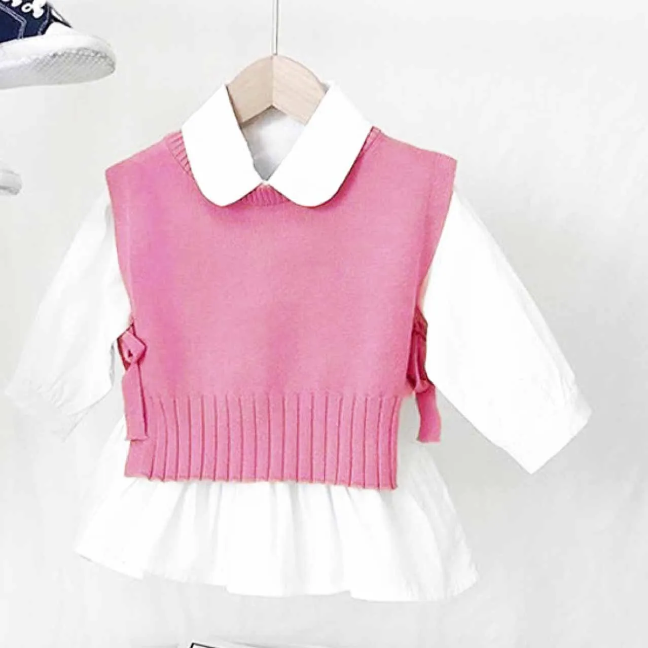 2023 Spring Autumn Baby Girls Sweet Candy Color Knitting Sweater Vest Shirts Clothing Sets Children Korean Blouse Vest Outfits