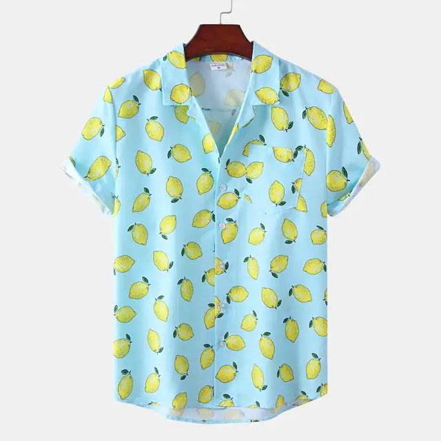 Hawaiian Shirt Men\'s 3D Lemon Print Short Sleeve Quick Dry Beach Casual Party Holiday Men Oversized