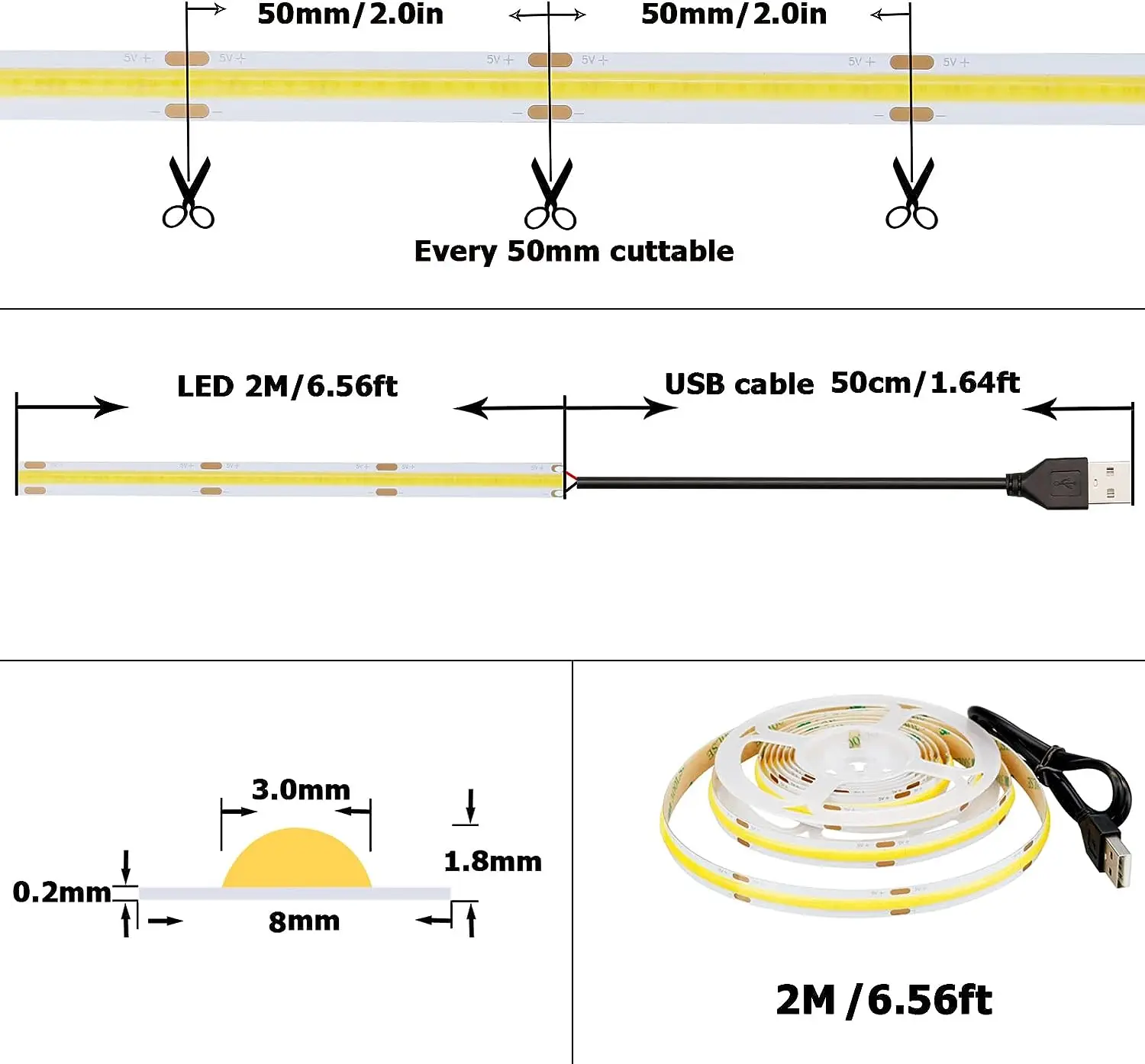 DC 5V USB COB Light strip 320Leds/M White/Warm White Flexible Ribbon Rope Night Lamp TV Backlight LED Light strip